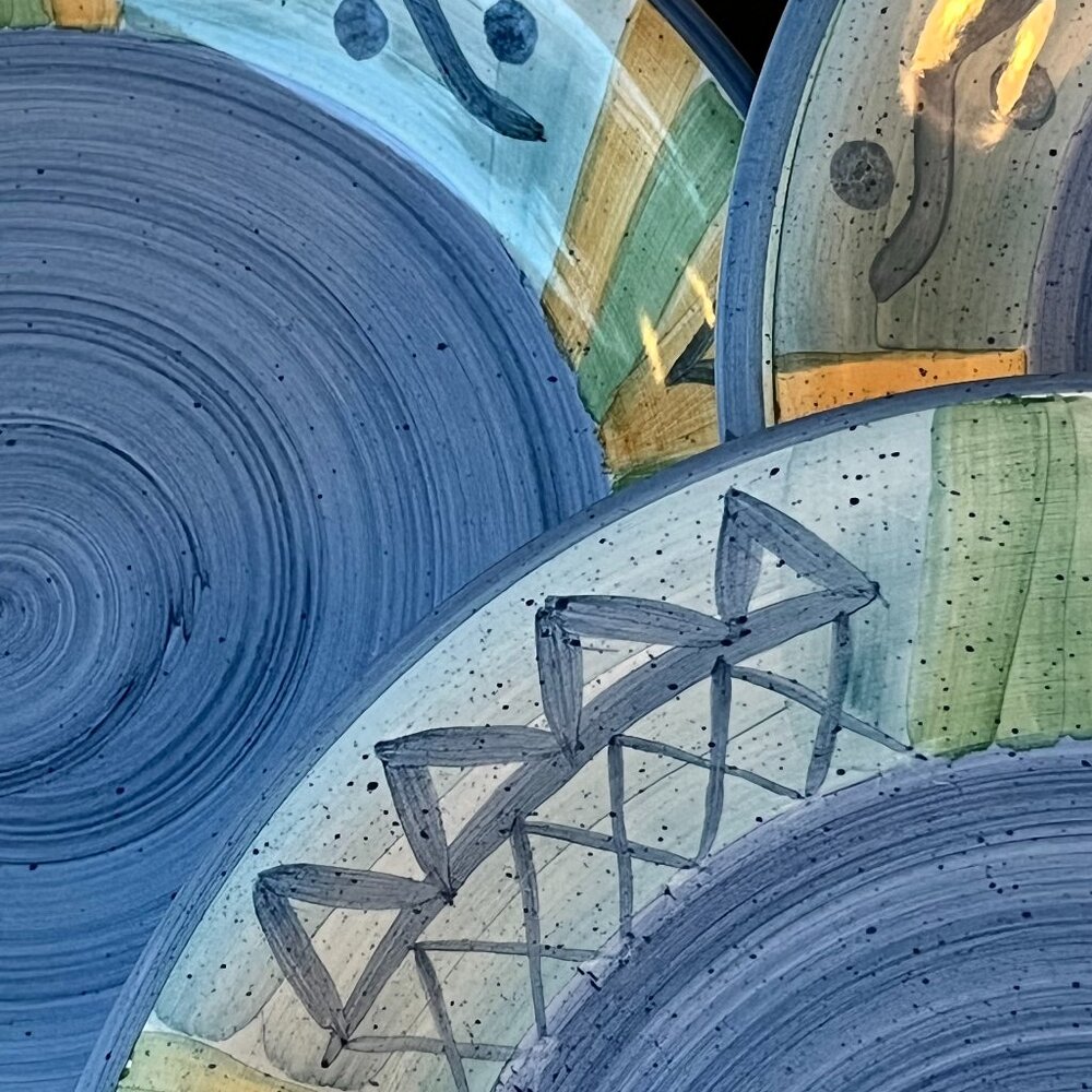 4 Dinner Plates Living Art Monterey Hand Painted Blue Green Yellow Striped
